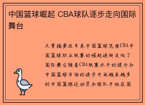 中国篮球崛起 CBA球队逐步走向国际舞台