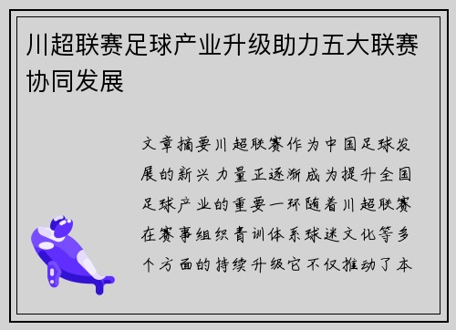 川超联赛足球产业升级助力五大联赛协同发展